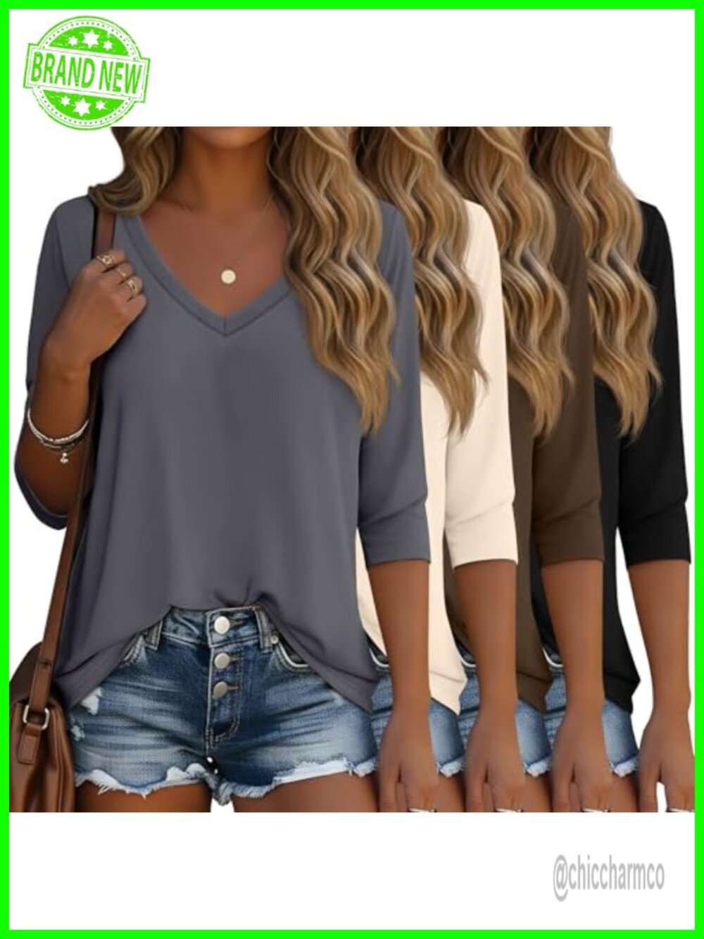 Women's 3/4 Sleeve V-Neck T-Shirts 4 Pack Loose Fit Cotton Spandex Tunic Tops